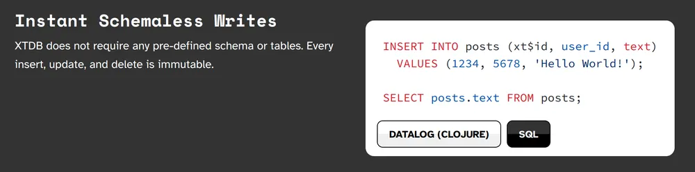 A snippet of XTDB SQL showcasing the ability to insert arbitrary data without
